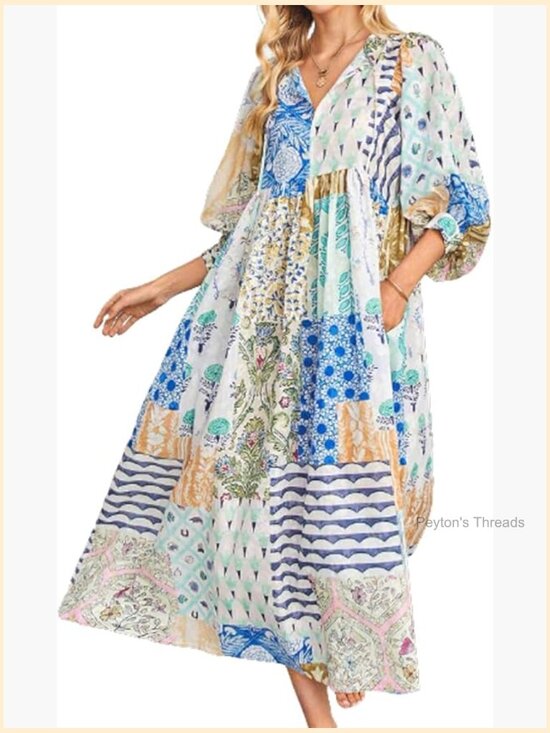 Dresses & Skirts - Boho Floral Printed Long Maxi Dress with Lantern Sleeves and Pockets